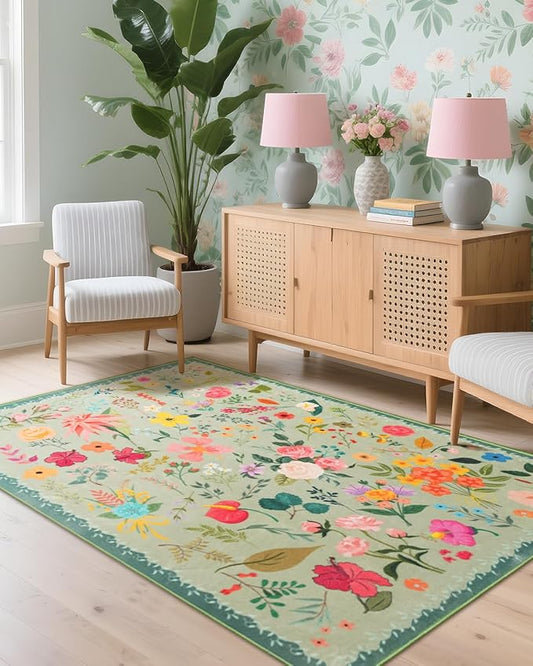 Boho Washable Area Rug 4x6 – Floral Low Pile Non-Slip Carpet for Living Room, Bedroom, Office, Playroom, Entryway, Kitchen, Dining Room (Green)