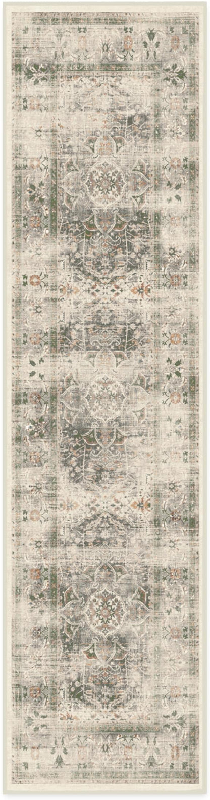 RUGGABLE Washable Vintage Runner Rug – Sarrah Sage 2.5x10, Stain-Resistant, Non-Slip Hallway Runner – Machine Washable Rug for Hallway, Entryway, Living Room & Kitchen–with Cushioned Pad