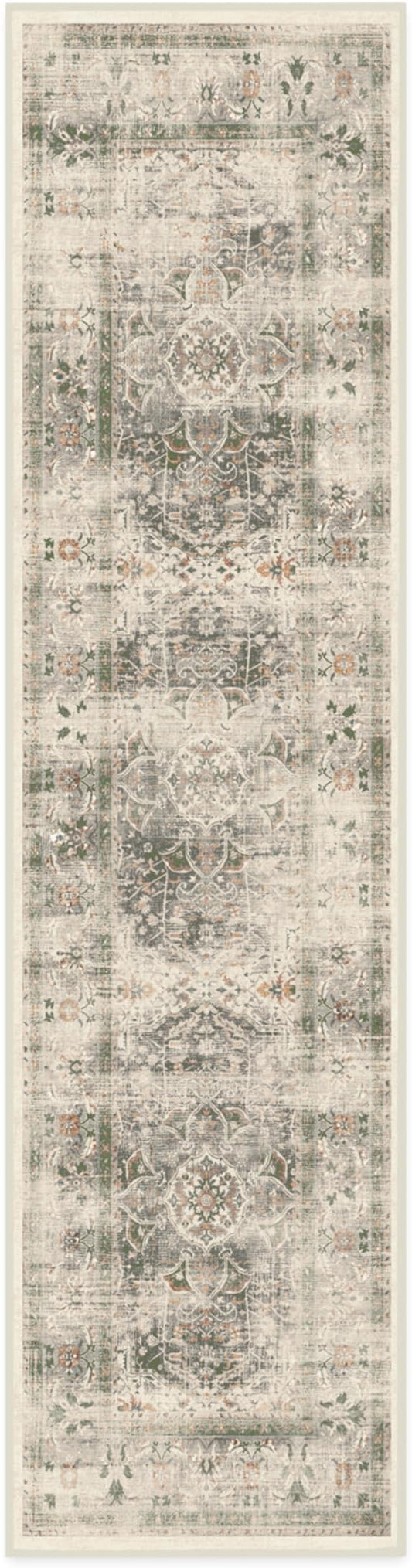 RUGGABLE Washable Vintage Runner Rug – Sarrah Sage 2.5x10, Stain-Resistant, Non-Slip Hallway Runner – Machine Washable Rug for Hallway, Entryway, Living Room & Kitchen–with Standard Pad
