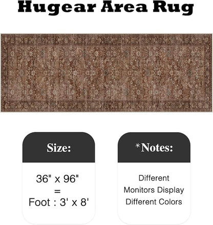 HUGEAR 3x8 Runner Rug Machine Washable Brick Red Hallway Area Rug Indoor Accent Rugs Floral Low Pile Carpet Soft Throw Rugs Bedroom Living Room Office Dining Kitchen Laundry Non Slip