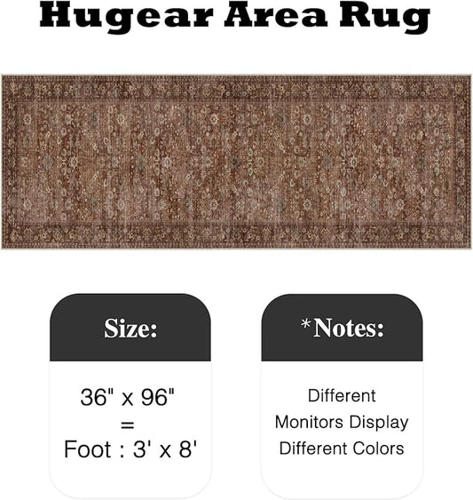 HUGEAR 3x8 Runner Rug Machine Washable Brick Red Hallway Area Rug Indoor Accent Rugs Floral Low Pile Carpet Soft Throw Rugs Bedroom Living Room Office Dining Kitchen Laundry Non Slip
