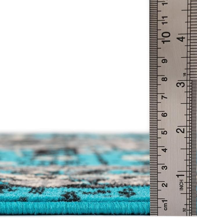 Unique Loom Taftan Collection Border Geometric Tribal Inspired Design Area Rug (3' 0 x 16' 5 Runner, Turquoise/ Gray)