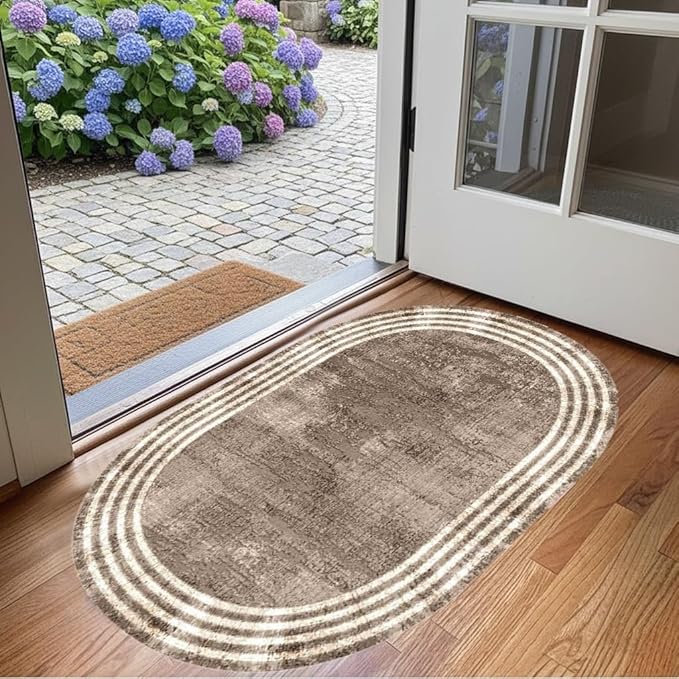 Country Earth Tone Brown Minimalist Distressed Home Office Rugs 12x15 for Living Room Bedroom Diningrooom Machine Washable Soft Thick Area Rug Nursery Dorm Kitchen Oval Geometric Bordered Large Carpet