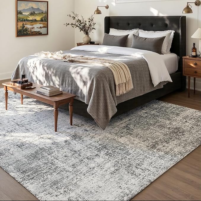 Area Rug 4x6 Washable Rug Light Grey for Living Room, Dining Room, Bedroom, Large Carpets, Non Slip & Non-Shedding Low Pile Vintage Print Rug for Home Office Decor