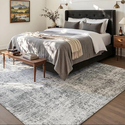Area Rug 6x9 Washable Rug Light Grey for Living Room, Dining Room, Bedroom, Large Carpets, Non Slip & Non-Shedding Low Pile Vintage Print Rug for Home Office Decor