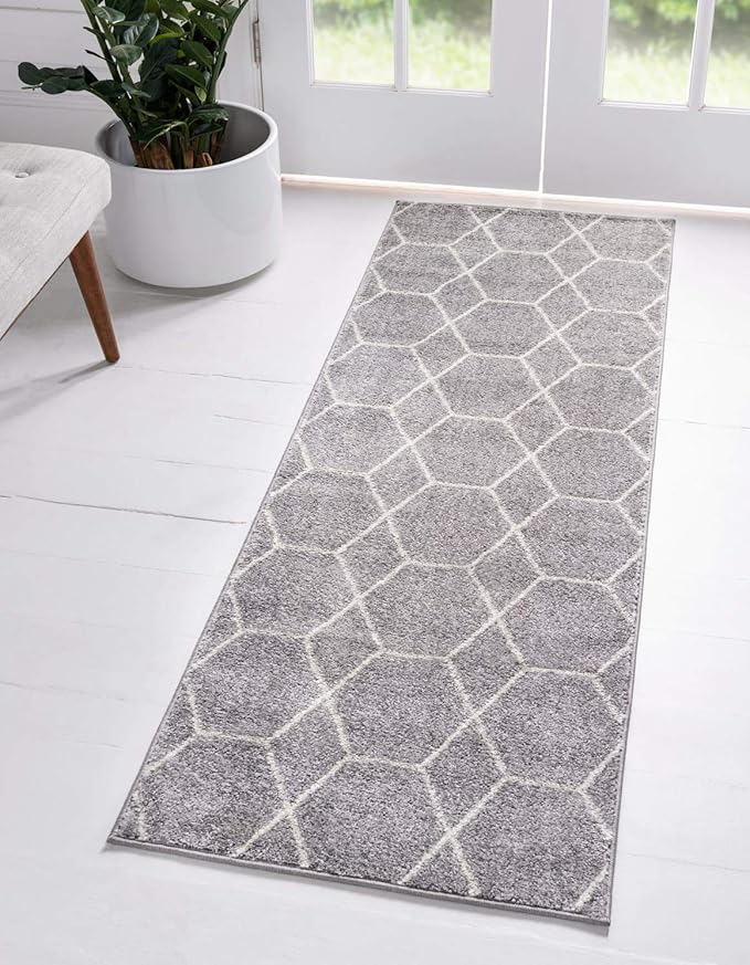 Unique Loom Trellis Frieze Collection Area Rug - Geometric (2' x 8' 8" Runner, Light Gray/ Ivory)