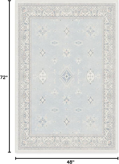 RUGGABLE Washable Vintage Area Rug – Verena Soft Blue 4x6, Stain-Resistant, Non-Slip – Medium Machine Washable Rugs for Living Room, Bedroom, Hallway, Entryway & Office–with Cushioned Pad