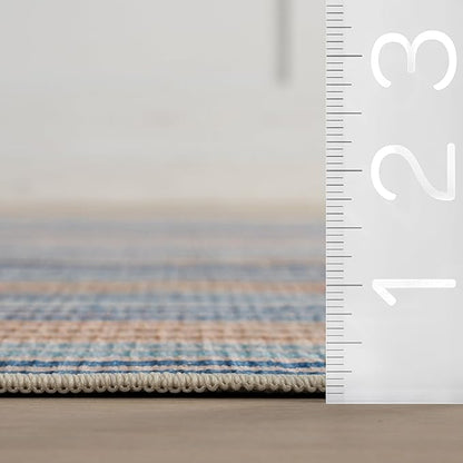 Dash & Albert Tyne Blue Machine Washable Rug, 5 X 8 Feet, Blue/Tan Stripe Pattern
