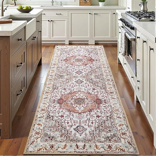 Runner Rug 2×6, Machine Washable Non-Slip Vintage Area Rug, Low Pile, Indoor Carpet Printed Floral Rugs for Living Room, Entryway, Kitchen, Bedroom,Beige