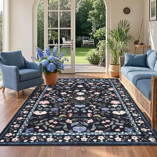 Floral Washable Rug 4x6, Non-Slip Low Pile Botanical Carpet, Vintage Farmhouse Area Rug for Bedroom Nursery Kids Room Home Decor, Dark Grey Blue