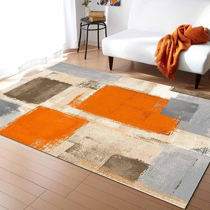 Orange Rectangular Area Rugs for Living Room Bedroom 3 x 5 ft Abstract Paint Texture Modern Art Non-Shedding Soft Low Pile Rug Non Slip Washable Rug for Nursery Entryway Playroom
