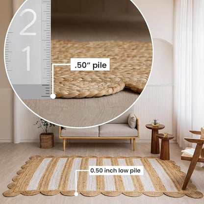 HOMEMONDE Scalloped Jute Area Rug 8'x10' Natural Stripe - Boho Home Décor Farmhouse Style Eco-Friendly Fiber Rug Hand Braided Rustic Vintage for Living Room, Bedroom, Dining Room, Hallway, Kitchen