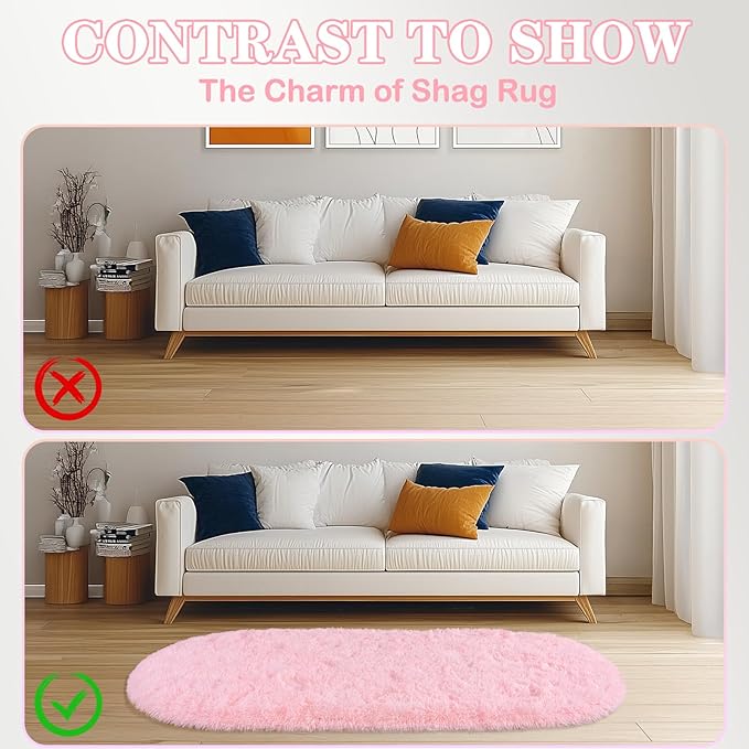 Soft Fluffy Area Rug for Bedroom, Pink Fuzzy Shaggy Oval Throw Rugs for Bedside, Non-Slip Cozy Plush Shag Carpet for Girls Kids Room Dorm Nursery Living Room, 2.6 x 5.3 Feet