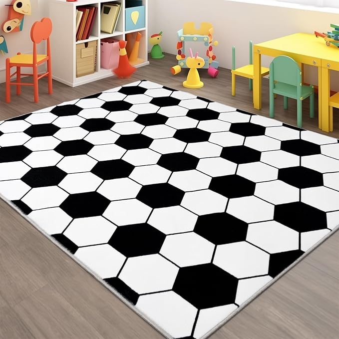 Soft Soccer Rug, Gifts for Boys Girls, Cute Bedside Shag Area Rug for Kids Toddlers Teens, Non Slip Room Decor Indoor Carpet for Bedroom Living Room, Nursery, Machine Washable 6x9 FT