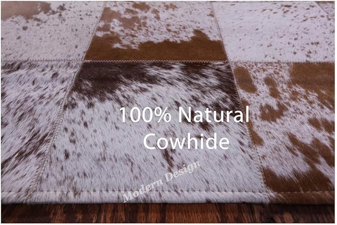Modern Design Premium Cowhide Leather Carpet with Chevron Pattern, Area Rug (White/Brown, 10x14)