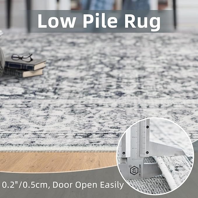 Deerly Grey Rug 6x9 Boho Vintage Rugs for Living Room, Washable Rugs Non Slip Large Area Rug for Dining Room Bedroom Office, Floor Decoration Big Rug Low-Pile Kid & Pet Friendly(Grey)