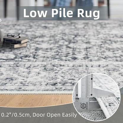 Deerly Grey Rug 6x9 Boho Vintage Rugs for Living Room, Washable Rugs Non Slip Large Area Rug for Dining Room Bedroom Office, Floor Decoration Big Rug Low-Pile Kid & Pet Friendly(Grey)