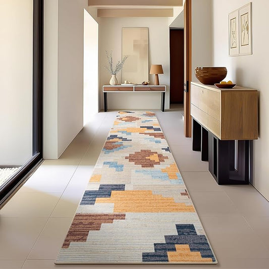Phantoscope Washable Runner Rug 2'x10' Non-Slip, Modern Neutral Boho Hallway Rugs for Entryway, Stair, Bedroom, Abstract Geometric Blocks Pattern, Low-Pile Foldable Floor Carpet, Warm Terracotta/Cream