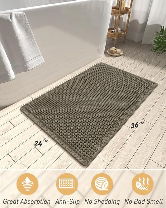 AMOAMI Upgraded Waffle Bath Mat, Super Absorbent Non Slip Bath Mats for Bathroom Floor, Machine Washable Bathroom Rugs with Tassels, Rubber Backed Bathroom Mats, Ultra Soft, 24" x 36", Green