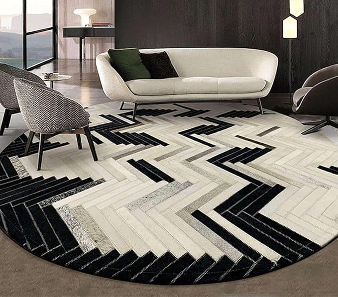 Round Cowhide Faux Leather Area Rug 9×9 ft – Black & White Modern Chevron Pattern Low Pile Carpet with Non-Slip Wool Backing, Soft Durable Living Room & Bedroom Accent Rug