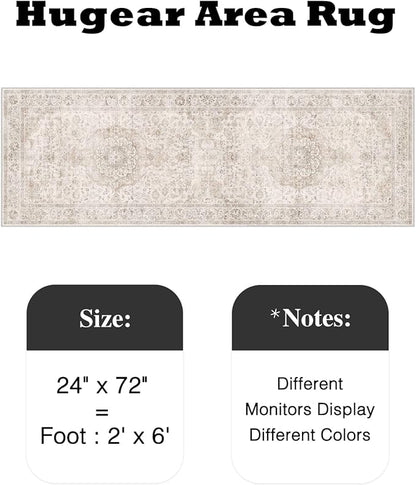 HUGEAR 2x6 Runner Rug Hallway Vintage Beige Machine Washable Neutral Floral Low Pile Carpet Vacuumable Thin Long Throw Rug Bedroom Office Bathroom Kitchen Laundry Non Slip Soft Lightweight