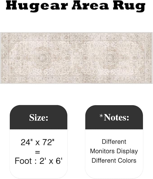 HUGEAR 2x6 Runner Rug Hallway Vintage Beige Machine Washable Neutral Floral Low Pile Carpet Vacuumable Thin Long Throw Rug Bedroom Office Bathroom Kitchen Laundry Non Slip Soft Lightweight