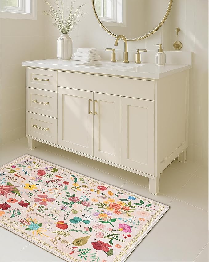 Boho Floral Entryway Rug 2x3, Washable Small Mat for Bathroom and Kitchen, Non Slip Front Door Mat Indoor Entrance, Vintage Style Flower Mat with Rubber Backing, Soft Area Rug for Entry Way (Beige)
