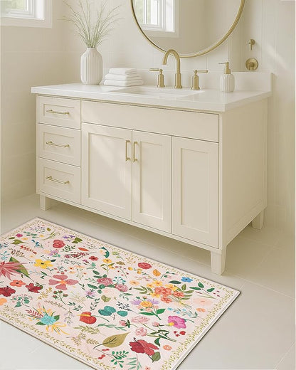 Boho Floral Entryway Rug 2x3, Washable Small Mat for Bathroom and Kitchen, Non Slip Front Door Mat Indoor Entrance, Vintage Style Flower Mat with Rubber Backing, Soft Area Rug for Entry Way (Beige)