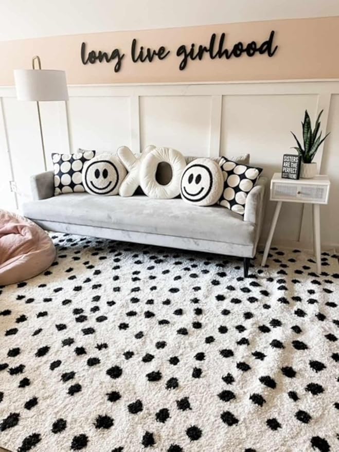 Hauteloom Tilos Dalmatian Small Shag Area Rug Door Mat - Shaggy Carpet - Dot Pattern - High Plush Pile - Black, White - 2' x 3'