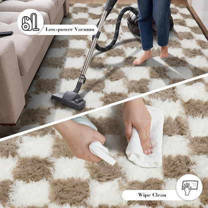 Checkered Rug for Bedroom, 3x7 Beige and White Area Rugs, Classic Checkered Carpets Shaggy Area Rug, Bedside Rugs for Living Room Bedroom Kids Room Home Decor
