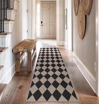 Easy Jute Checkered Runner Rug, 2.6x8 Black Modern Washable Rugs Runner for Hallway Non-Slip Kitchen Runner Rug, Geometric Diamond Indoor Outdoor Carpet for Porch Laundry Entryway