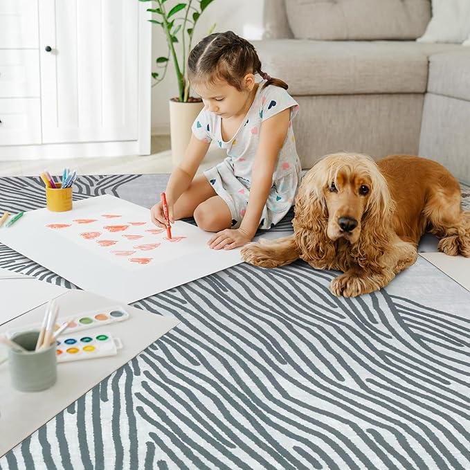 YIHOUSE Grey Rug for Living Room, 6×9 Modern Abstract Area Rug, Geometric Contemporary Wave Striped Rugs for Playroom Nursery, Washable Nonslip Large Rug for Bedroom Dining Room