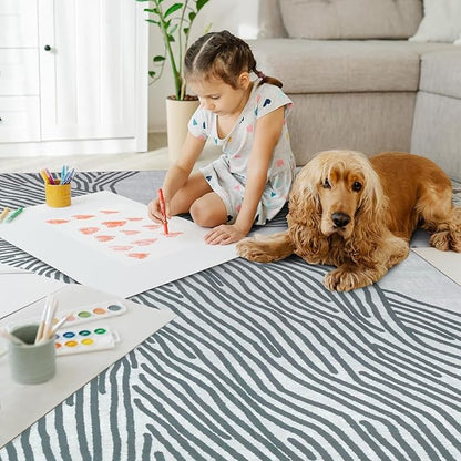 YIHOUSE Grey Rug for Living Room, 8×10 Modern Abstract Area Rug, Geometric Contemporary Wave Striped Rugs for Playroom Nursery, Washable Nonslip Large Rug for Bedroom Dining Room
