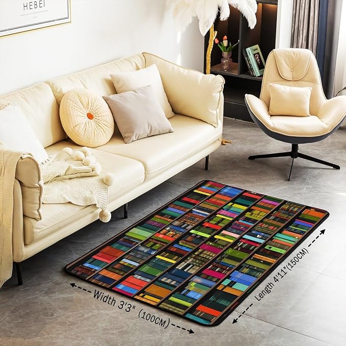 Books Area Rug 3x5 Rainbow Bookshelf Rugs for Living Room | Watercolor Book Shelf Washable Rug, Bookcase Bookrack Carpet Indoor Floor Mat