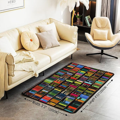 Books Area Rug 3x5 Rainbow Bookshelf Rugs for Living Room | Watercolor Book Shelf Washable Rug, Bookcase Bookrack Carpet Indoor Floor Mat