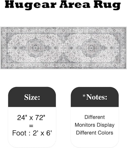 HUGEAR 2x6 Runner Rug Hallway Vintage Grey Machine Washable Neutral Floral Low Pile Carpet Vacuumable Thin Long Throw Rug Bedroom Office Bathroom Kitchen Laundry Non Slip Soft Lightweight