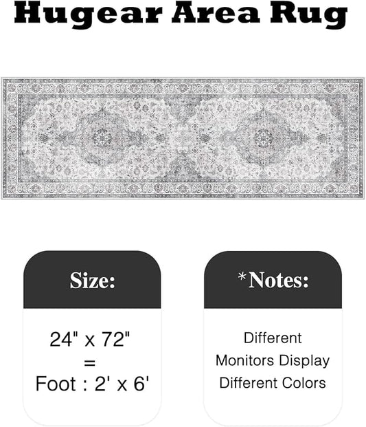 HUGEAR 2x6 Runner Rug Hallway Vintage Grey Machine Washable Neutral Floral Low Pile Carpet Vacuumable Thin Long Throw Rug Bedroom Office Bathroom Kitchen Laundry Non Slip Soft Lightweight