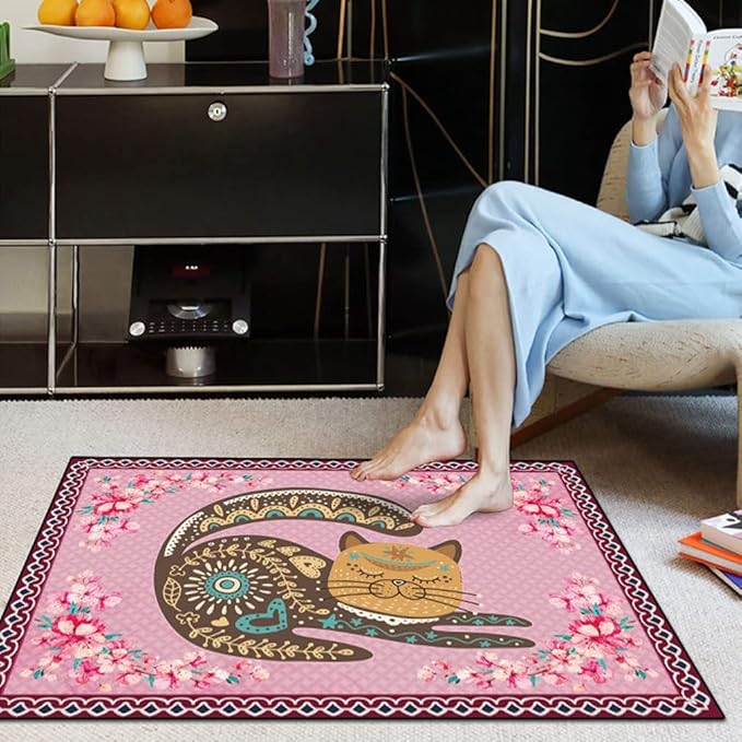 Cartoon Animal Pattern Area Rug Cute Cat Luxury Floral Decor for Carpet Farmhouse Bedroom Living Room Rugs Bathroom Kitchen Runner Mat Indoor Outdoor Non Slip Doormat 2' X 7'