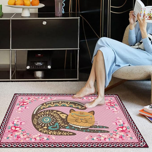 Cartoon Animal Pattern Area Rug Cute Cat Luxury Floral Decor for Carpet Farmhouse Bedroom Living Room Rugs Bathroom Kitchen Runner Mat Indoor Outdoor Non Slip Doormat 3' X 9'