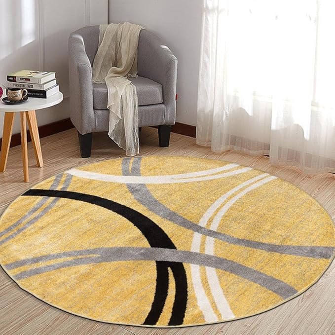Rugshop Wavy Circles Design Round Rug, Fade-Resistant Carpet for Living Room, Dining Area, or Office, Yellow, 6'6" Round