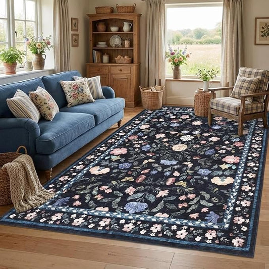 5x7 Washable Non-Slip Rug, Vintage Floral Area Rug for Living Room, Low Pile Farmhouse Distressed Carpet for Nursery Playroom Dorm Teens Office, Dark Grey Blue