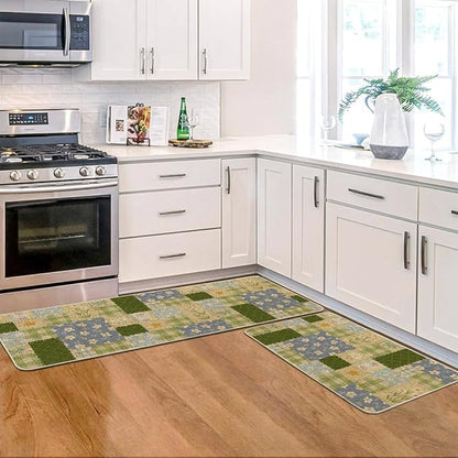 Artoid Mode Check Pattern Flowers Floral Spring Kitchen Mats Set of 2, Home Decor Low-Profile Kitchen Rugs for Floor - 17x29 and 17x47 Inch