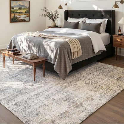Area Rug 5x7 Washable Rug Grey and Beige for Living Room, Dining Room, Bedroom, Large Carpets, Non Slip & Non-Shedding Low Pile Vintage Print Rug for Home Office Decor