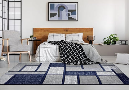 Navy Blue Geometric 8x10 Area Rug – Modern Patterned Carpet for Living Room, Bedroom, or Office – Soft Durable Floor Rug – Stylish Contemporary Design