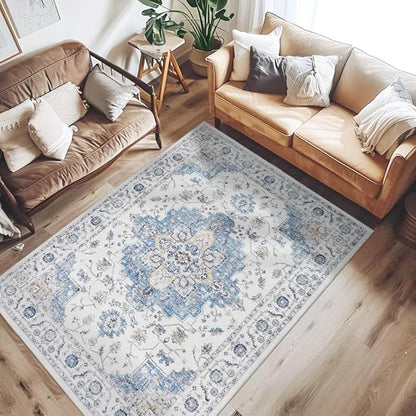 jinchan Area Rug 5x7 Vintage Washable Bedroom Rug Floral Medallion Lightweight Non Slip Thin Retro Classic Soft Boho Floor Cover Farmhouse Carpet for Living Room Dining Room Kitchen Blue