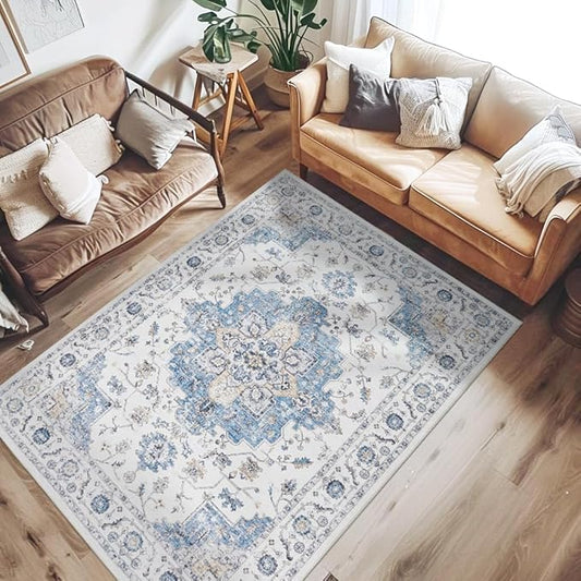 jinchan Area Rug 5x7 Vintage Washable Bedroom Rug Floral Medallion Lightweight Non Slip Thin Retro Classic Soft Boho Floor Cover Farmhouse Carpet for Living Room Dining Room Kitchen Blue