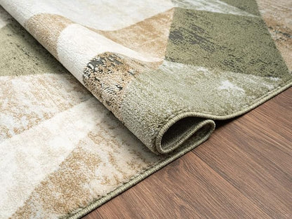 Abani Savoy Collection Area Rug - Green and Cream Geometric Design - 4'x6' - Easy to Clean - Durable for Kids and Pets - Non-Shedding - Medium Pile - Soft Feel - for Living Room, Bedroom, and Office