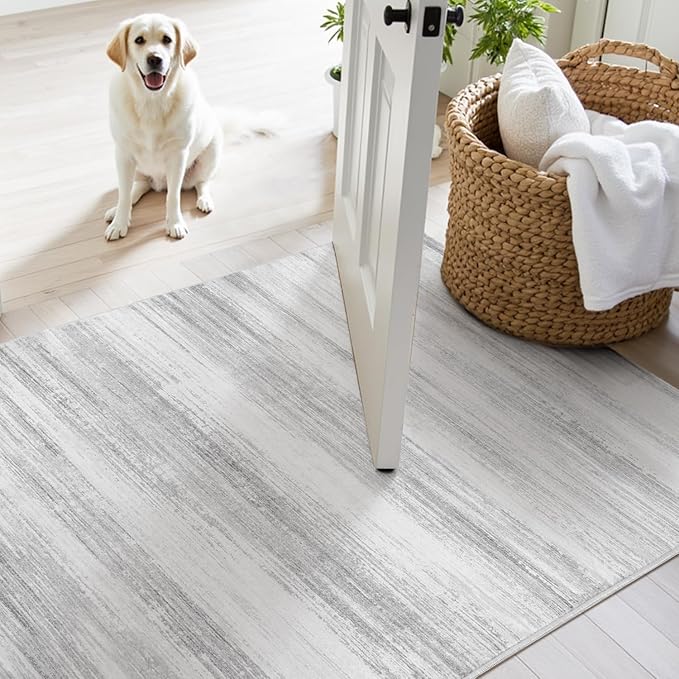 PADOOR Modern Abstract Runner Rug - 2.6x8 Washable Hallway Rugs, Ultra Soft Non-Slip Low Pile Floor Rugs for Hallway Entryway Kitchen Bedroom Bedside Laundry Room Grey
