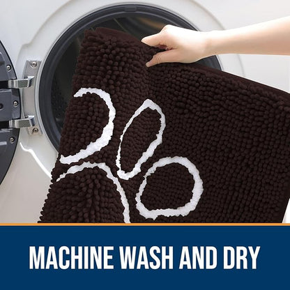 OLANLY Dog Door Mat for Muddy Paws 59x24, Paw Print Design, Absorbs Moisture and Dirt, Absorbent Non-Slip Washable Doormat, Quick Dry Chenille Mud Mat for Dogs, Entry Indoor Entryway Carpet, Brown