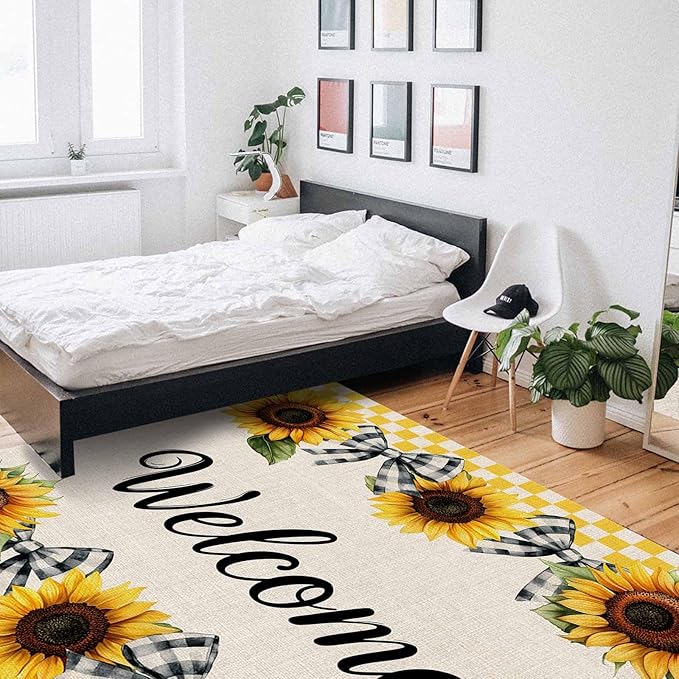 Summer Sunflowers Rectangular Welcome Area Rugs for Living Room Bedroom 5 x 8 ft Bow Tie Plaids Non-Shedding Soft Low Pile Rug Rustic Linen Non Slip Washable Rug for Nursery Entryway Playroom